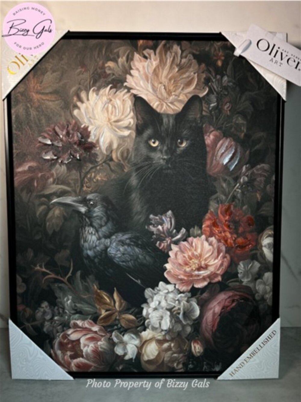 Oliver Art Black Cat & Crow w/Flowers/Floral Canvas Wall Art
